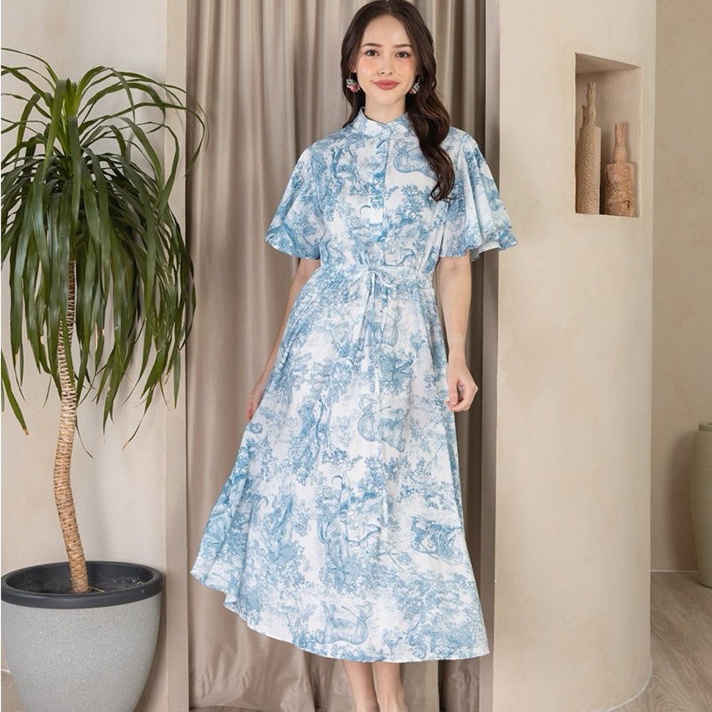 Pastoral Porcelain Pastures Printed Button Midi Dress  size S